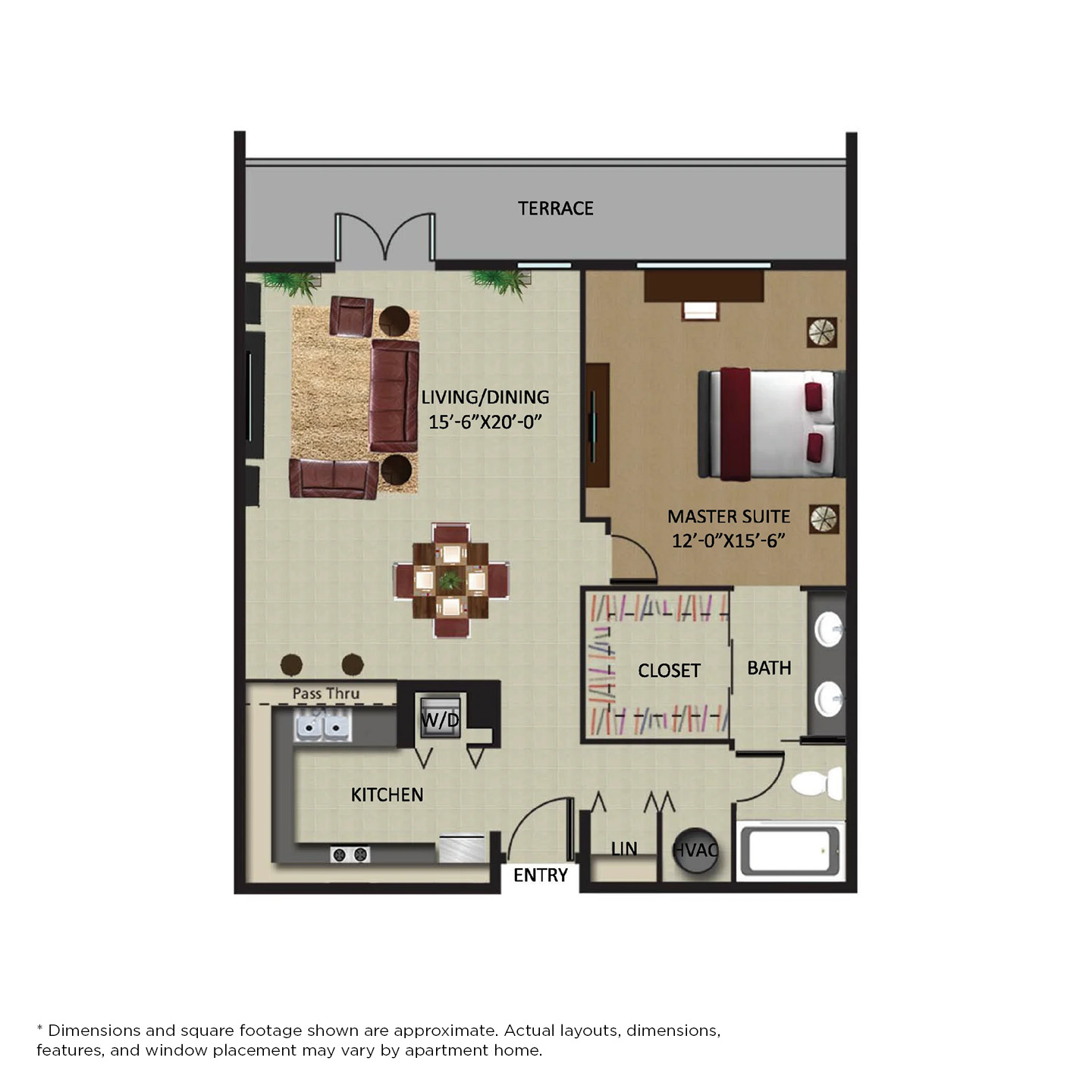 Floor plan for 1 bed, 1 bath, 788 sqft